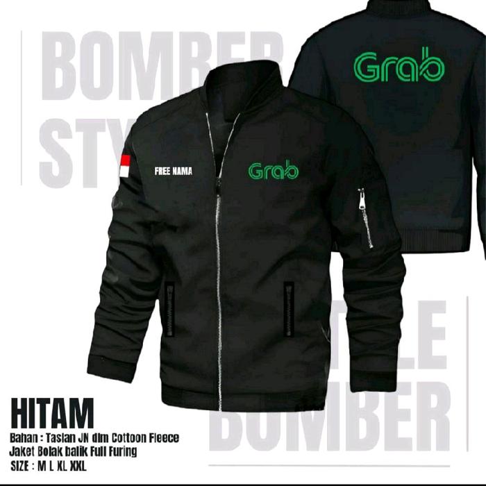 Grab Jaket Bomber Hitam Taslan JH dll Cotton Fleece Jaket Bolak Balik Full Furing Size M L XL XXL