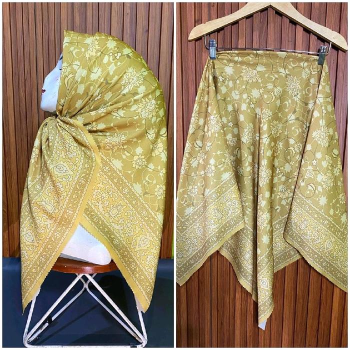 KERUDUNG SEGI EMPAT VOAL HIJAB MOTIF KODE 331 BUNGA KUNING MUSTARD