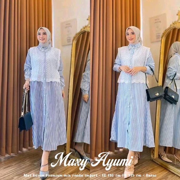 Ayumi Maxi Dress Gamis Rayon Kombinasi Vest Tali Brokat Import Motif Salur Baju Gamis Muslimah Wanit
