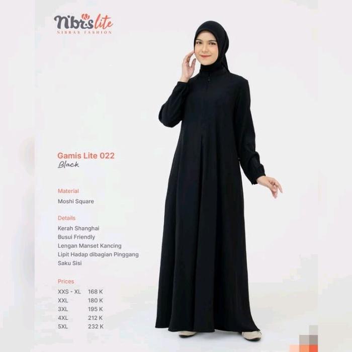 Gamis Nibras Terbaru Lite 022 Warna Black Hitam Polos Bahan Lembut Ringan Jatuh Dress Muslimah Casua