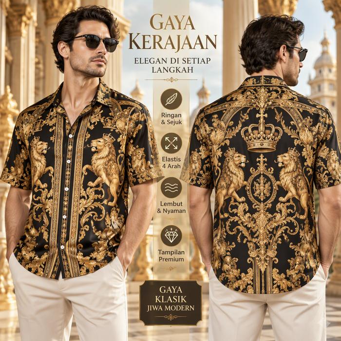 Kemeja Pria Lengan Pendek Warna Hitam Emas Motif Singa Mahkota Barok Kerah Kemeja Kancing Depan Gaya