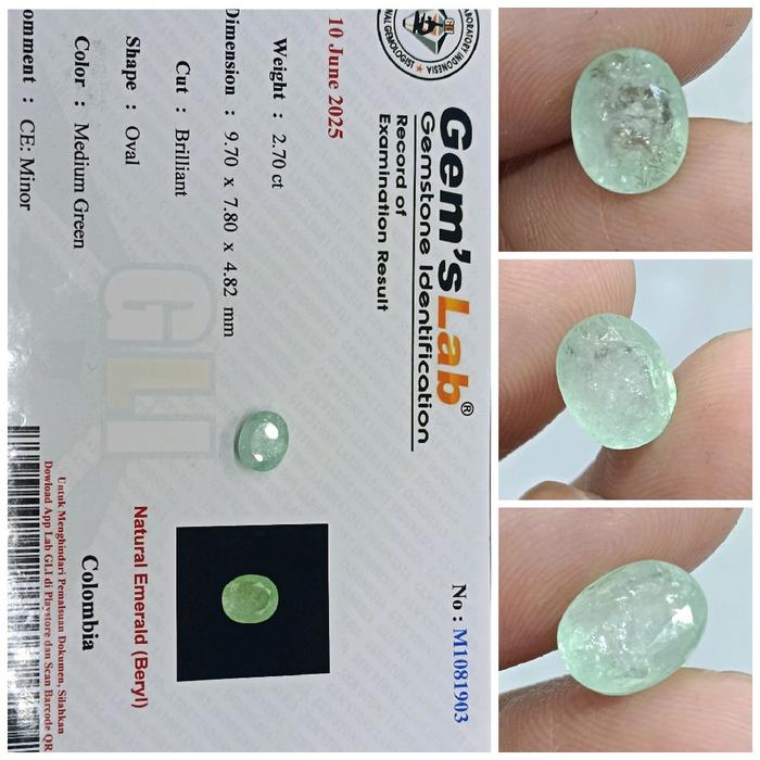 Natural emerald beryl Colombia 2,7ct zamrud Columbia memo GLI