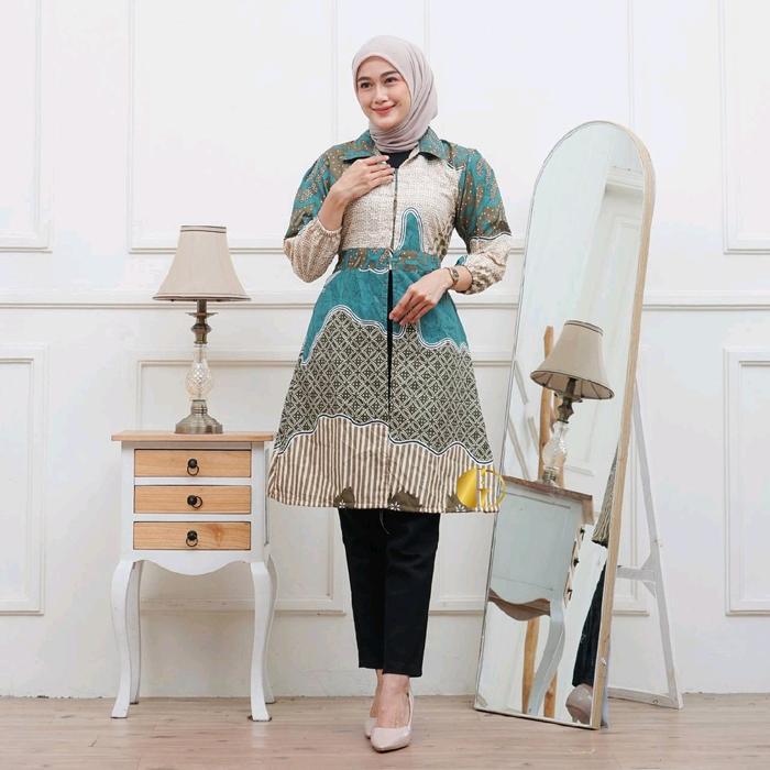 Tunik Batik Midi Kancing Depan M L XL Termurah Motif Atasan Nyaman Seragam Wanita Muslim Panjang Dre