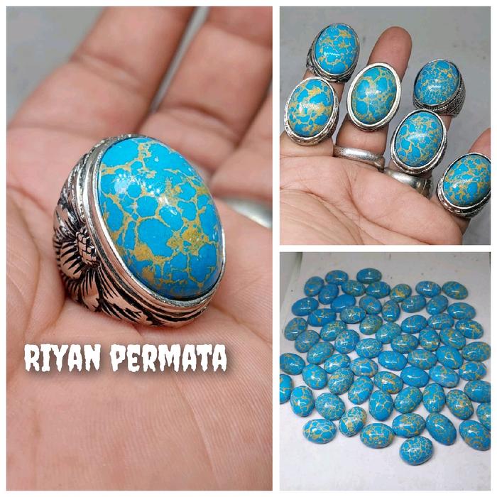Cincin batu pirus mesir royal blue serat emas jumbo jenong ring alpaka Akik