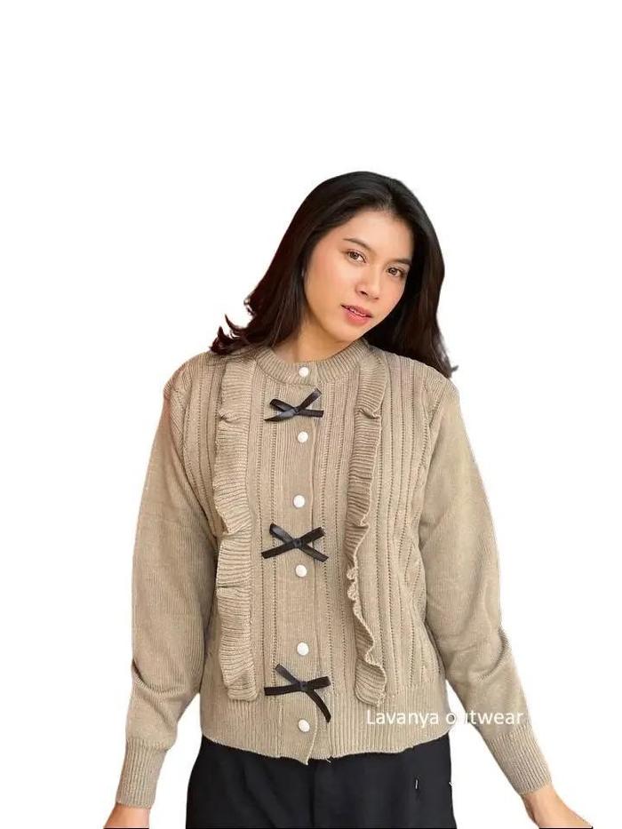 Jelita Knittwear Baju Atasan Cardigan Rajut Wanita Kancing Hiasan Pita Lucu dengan Desain Ruffle dan