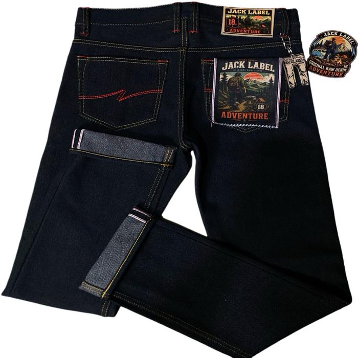 JACK LABEL-Adventure 18 Oz Sanforized Celana Panja Pria Original Raw Denim Selvedge Accents Deep Bla