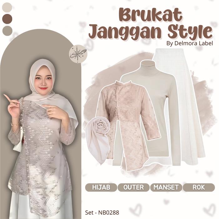 4 In 1 One Set Ootd Wanita Kekinian Atasan Delmora Outfit Setelan Outer Brukat Kondangan Modern/Keba
