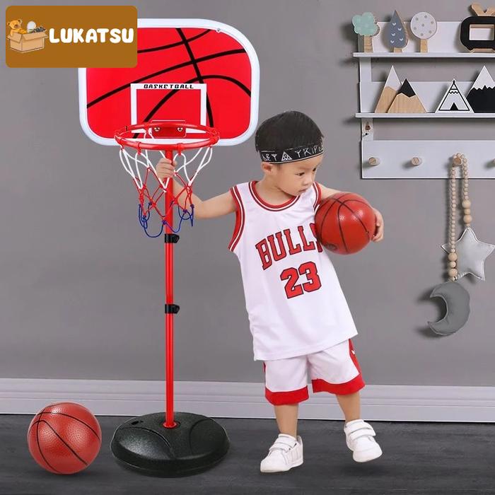 Mainan Bola Basket + Tiang Ring Basket Dapat Disesuaikan 80-145cm Anak Indoor Outdoor Basket Ball