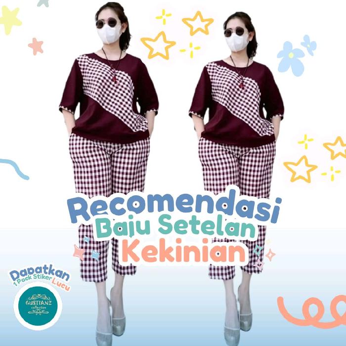 setelan  merah putih.  katun kotak kombi crinkel airflow bahan nyaman pas untuk santai Wanita Crinkl