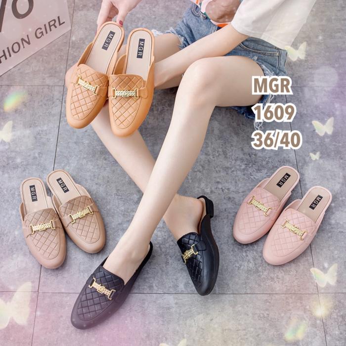Sepatu Slop mules korea Jelly Karet Wanita Gesper LV Hak 3 cm Cantik Elegan Formal Mewah Impor MGR M