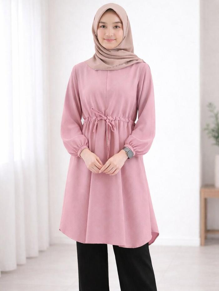 Tunik Wanita Muslimah Dusty Pink Serut Pinggang Lengan Balon Premium Atasan Hijab Kekinian | Tunik H