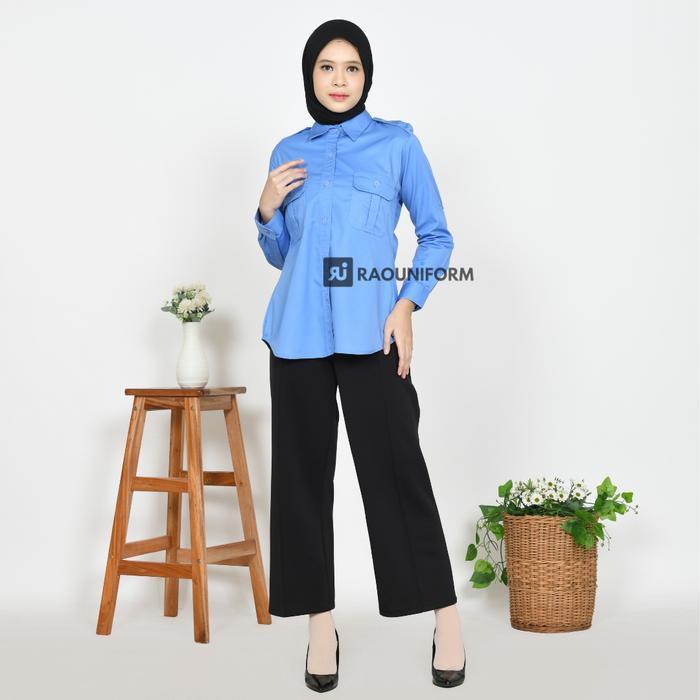 Terbaik RAOUNIFORM Baju Seragam PNS Biru Muda Wanita Kemeja PDL Guru Lengan Panjang American Drill S