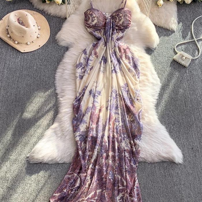 Dress Pantai Ungu Wanita Korea  Panjang