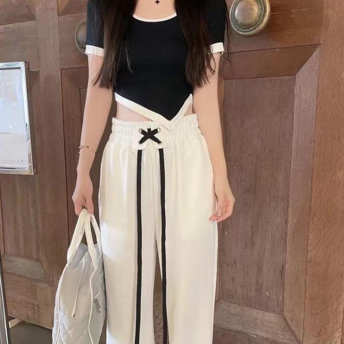 Ready.. 99kOUTLET One Set Crop Top Round Neck Atasan Lengan Pendek + Celana Panjang Drawstring  Stra
