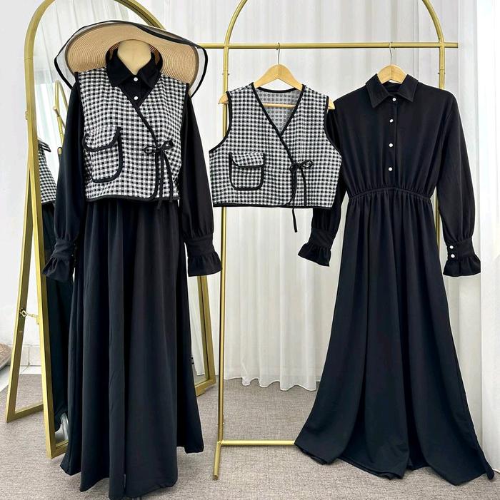 Mora Vest Dress - Gamis Set Free Vest Motif Kotak Premium Voxy Hitam Muslim Lebaran