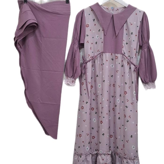 gamis anak aidokids lilac set hijab khimar Motif Bunga dan kerah panjang dan tali samping