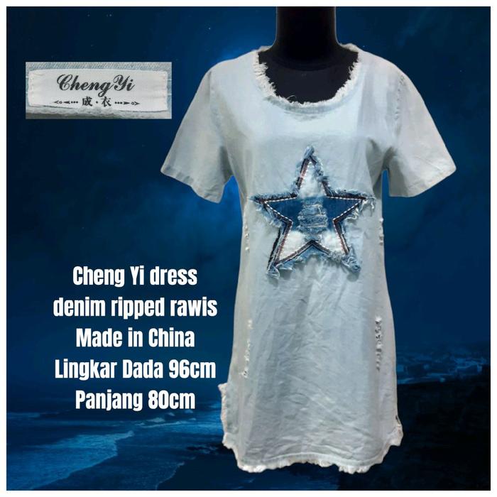 Cheng Yi dress wanita denim ripped rawis