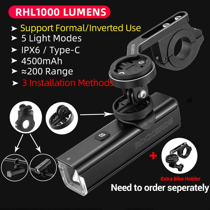 ROCKBROS Bicycle Light 1000Lumen Type-C Charging IPX6 Rechargeable