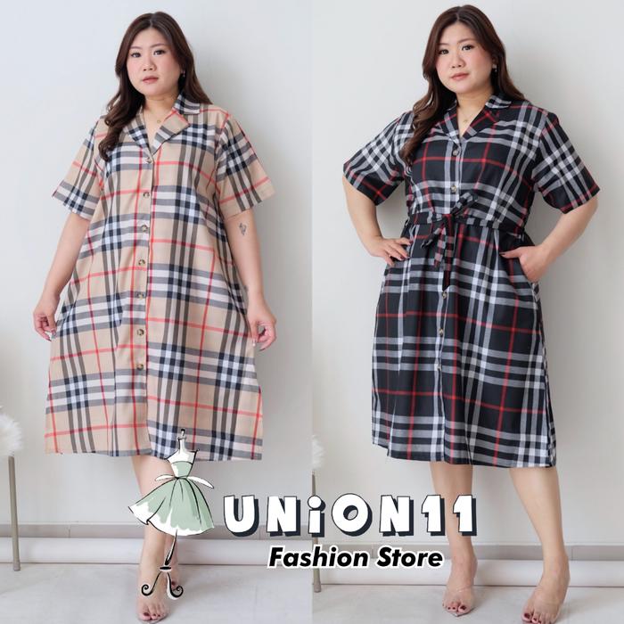 Uinon11 - Dress Wanita Jumbo Ld 124 Cm / Gaun Kasual Motif Kotak Kotak Bahan Katun Muat Bb 90 Kg Koh