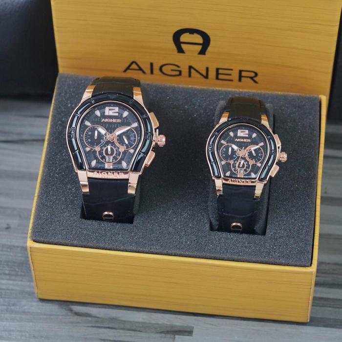 Jam Tangan Couple AIGNER Kulit Chrono Tanggal aktif Strap Leather Include BOX Original || Jam tangan