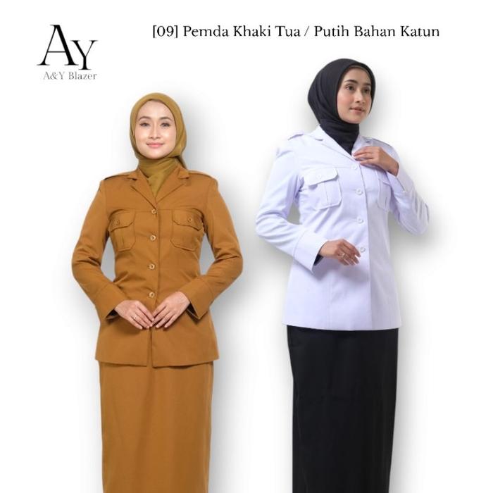 [09] A&Y Blazer Baju Seragam SAKU DADA PDH Guru / PNS Wanita Warna Khaki Tua & Putih | Seragam Kerja
