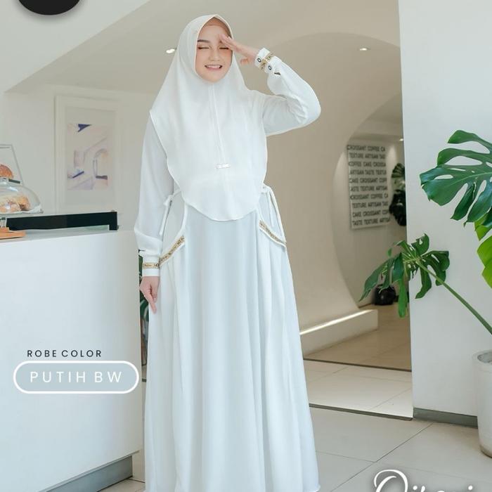 Qirani by MQ Muslim (Dress Dewasa polos warna putih tulang/Pearl/broken white SET KHIMAR size L