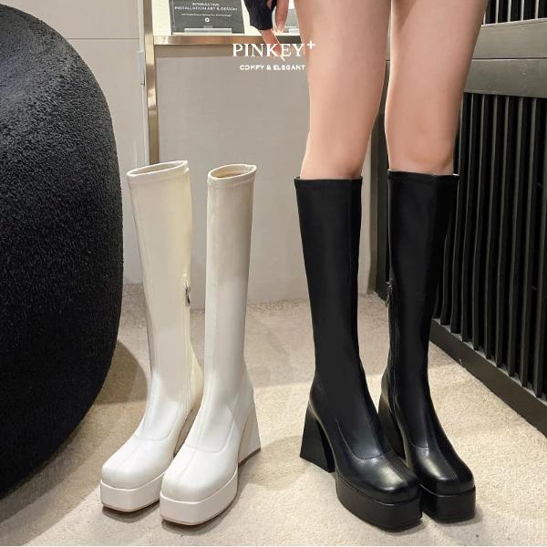 PINKEY P295 Boots Panjang Wanita Heels 10cm Platform Hitam Putih