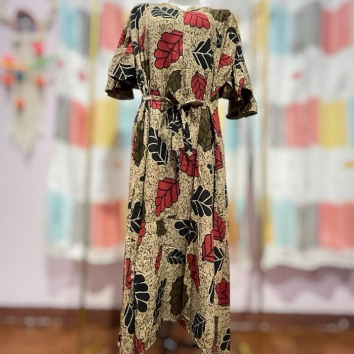 Homedress daster baju rumah batik premium Zara coklat dengan motif daun dan lengan bentuk daun - sup