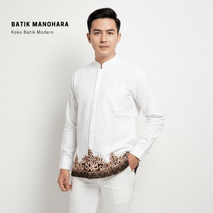 Baju Koko Batik Pria Kerah Shanghai Modern Warna Putih Lengan Panjang Dewasa Lapis Furing Katun Halu