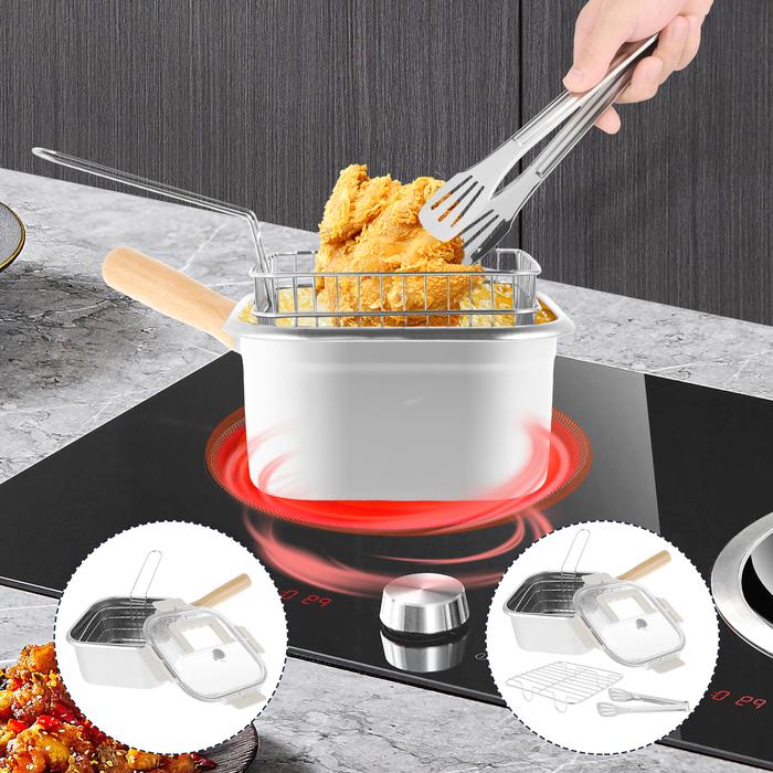 Deep Fryer Pot Stainless Steel Frying Pan with Basket and Handle Portable Square Deep Frying Pan wit