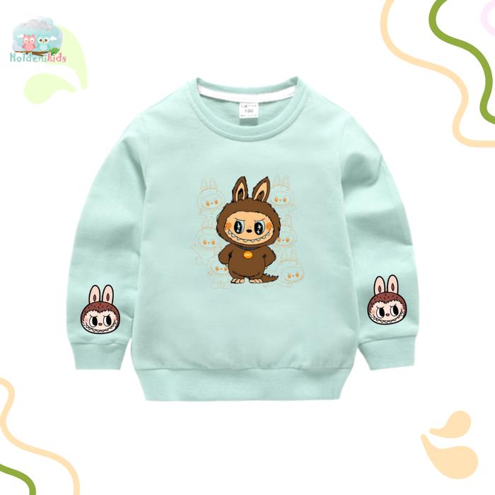 sweater crewneck anak labubu laki laki perempuan untuk usia 1 sampai 6 tahun bahan fleece pe gramasi