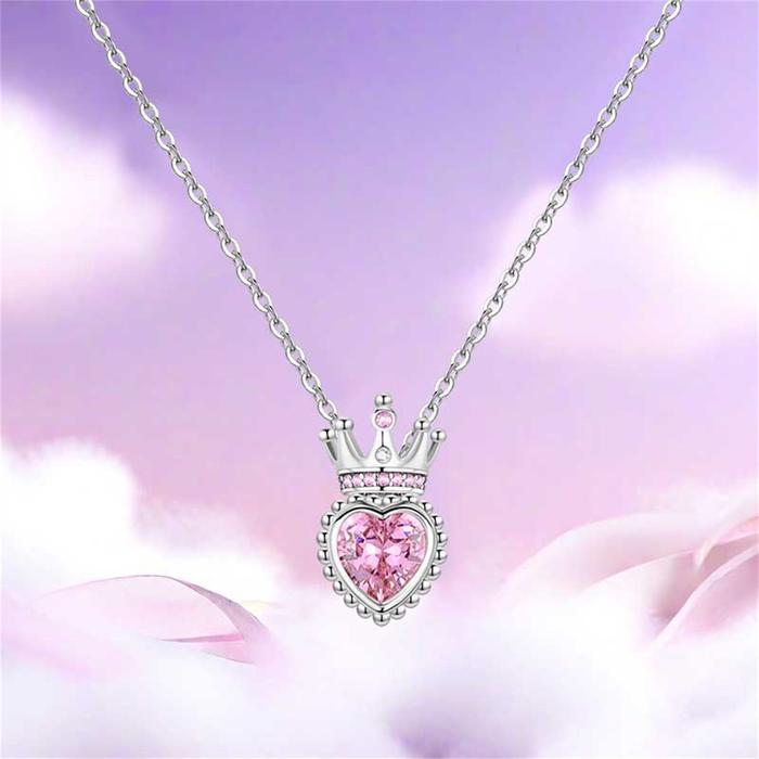 Original 925 Sterling Silver Crown Love Heart Zircon Pendant Necklace For Women Shape Romantic Style