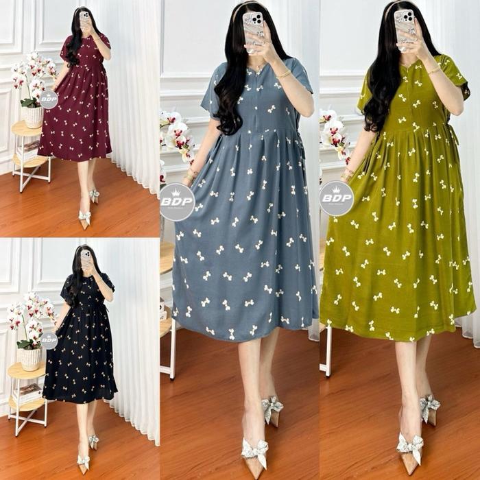 Daster Chibi Luna Motif Pita Kecil Bahan Rayon Shantung LD 110 PB 115 Menggunakan Resleting Depan da