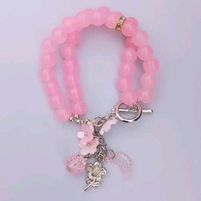 Gelang Tasbih Cantik dengan Beads Pink dan Hiasan Bunga untuk Wanita