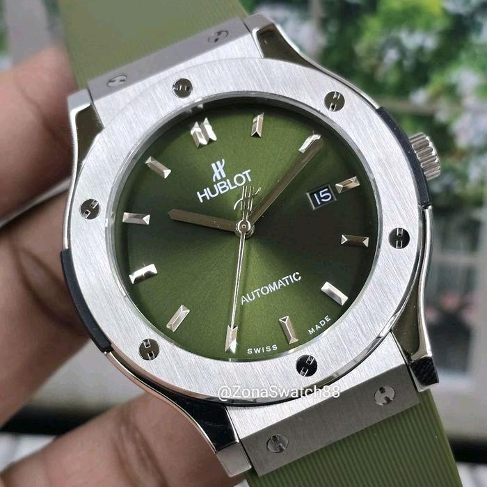 JAM TANGAN PRIA LUXURI NO.1HUBLOT CLASIC FUNGSION AUTOMATIC SWISS MOVEMENT HIJAU ARMY PREMIUM 42MM