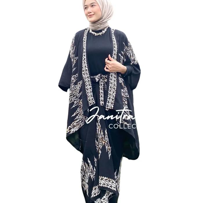 OUTFIT KONDANGAN SIMPEL ONESET BATIK CARDIGAN OUTER ROK LILIT KIMONO WANITA RAYON GLOYOR MOTIF ETNIK