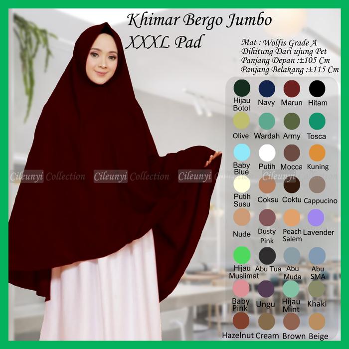 Cileunyi Collection Khimar Bergo Jumbo XXXL Wolfis Syari/ Kerudung Panjang Jilbab Instan Pad Antem S