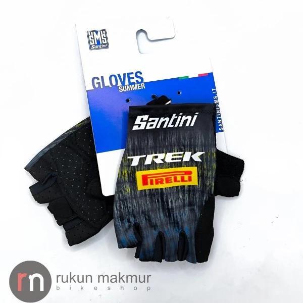 PREMIUM Santini Men Road Cycling Gloves Team Trek Pirelli Black Yellow - Half Finger Short Glove Sar