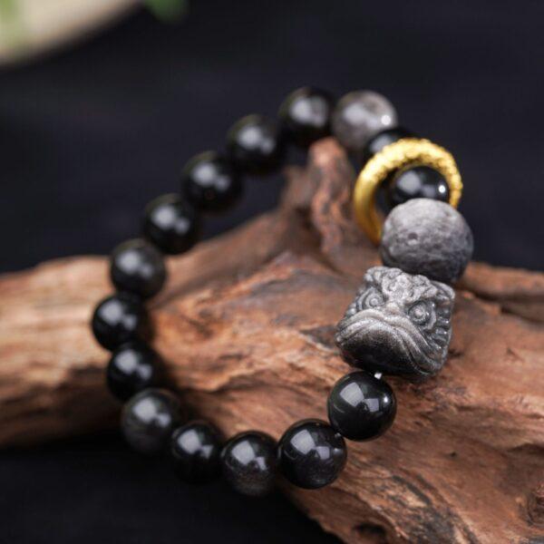 Gelang Tasbih Singa Batu Obsidian Hitam - Black Synthetic Stone Glass Beads Lion Gold Ring Bracelet 