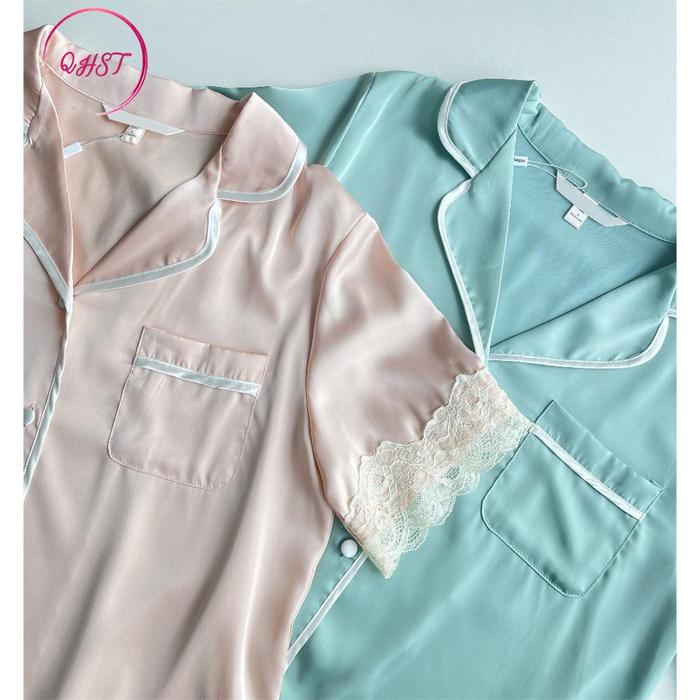 QHST Piyama Wanita Renda Hijau Pola Set Satin Import | Pajamas Wanita | Baju Tidur Wanita Dewasa | L