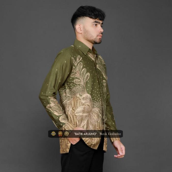 γNEWγ KEMEJA BAJU BATIK PRIA LAPIS FURING EKSLUSIVE LENGAN PANJANG ANGGREK HIJAU LUMUT IJO