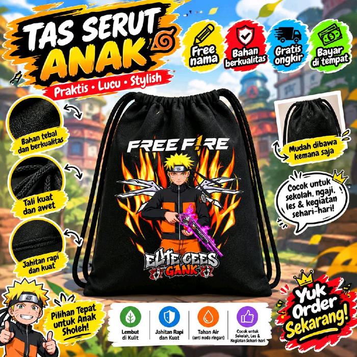 Tas Serut Anak FreeFire FF X Naruto Skin SG Sayap | Tas Gendong Kekinian | Tas Multifungsi