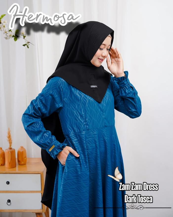 [Gamis hermosa]gamis hermosa wolfis embos motif zamzam biru tosca-gamis ysari biru tosca terbaru