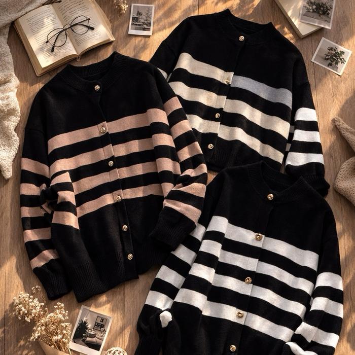 Melisa Long Cardigan Rajut Wanita Stripe Knitwear Import Premium Korean Style  Atasan  Kardigan Over