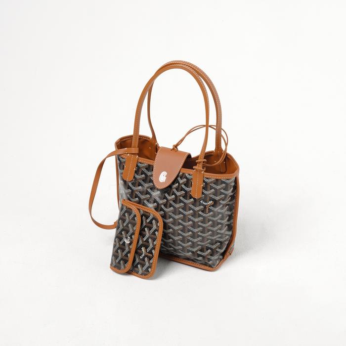 Tas GOYARD MINI ANJOU 2026 BLACK TAN TOTE BAG WITH POUCH 100% ORIGINAL
