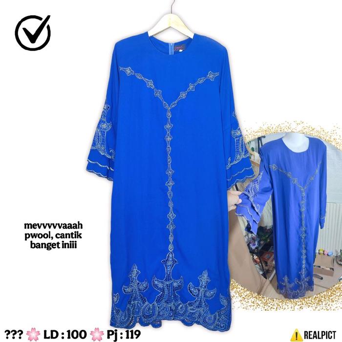 SALE Tunik Malay Payet Size M Katbol Bordir Biru Elektrik Birel Midi Dress Belahan Samping Baju Enci