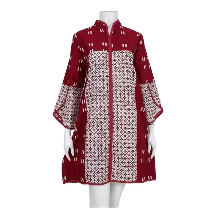 Atasan Batik Warna Maroon Lengan Tulip Tunik Narendra Muslim Panjang Katun Kombinasi Wanita Nyaman