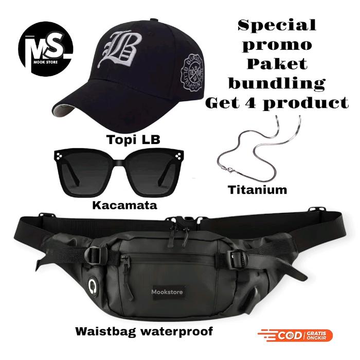 Tas Waistbag Pria Promo Paket Bundling Get 4 Produk + Gratis Topi, Kacamata, dan Kalung Titanium - S