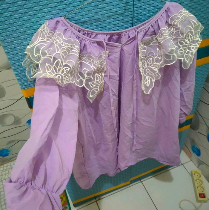 PROMO RealPict New Blouse/Blus Sifon Kerah Sailor Tangan Terompet Panjang Warna Lilac LD 110-120cm P