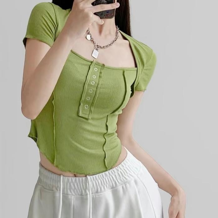 Squere neck short sleeve button crop top